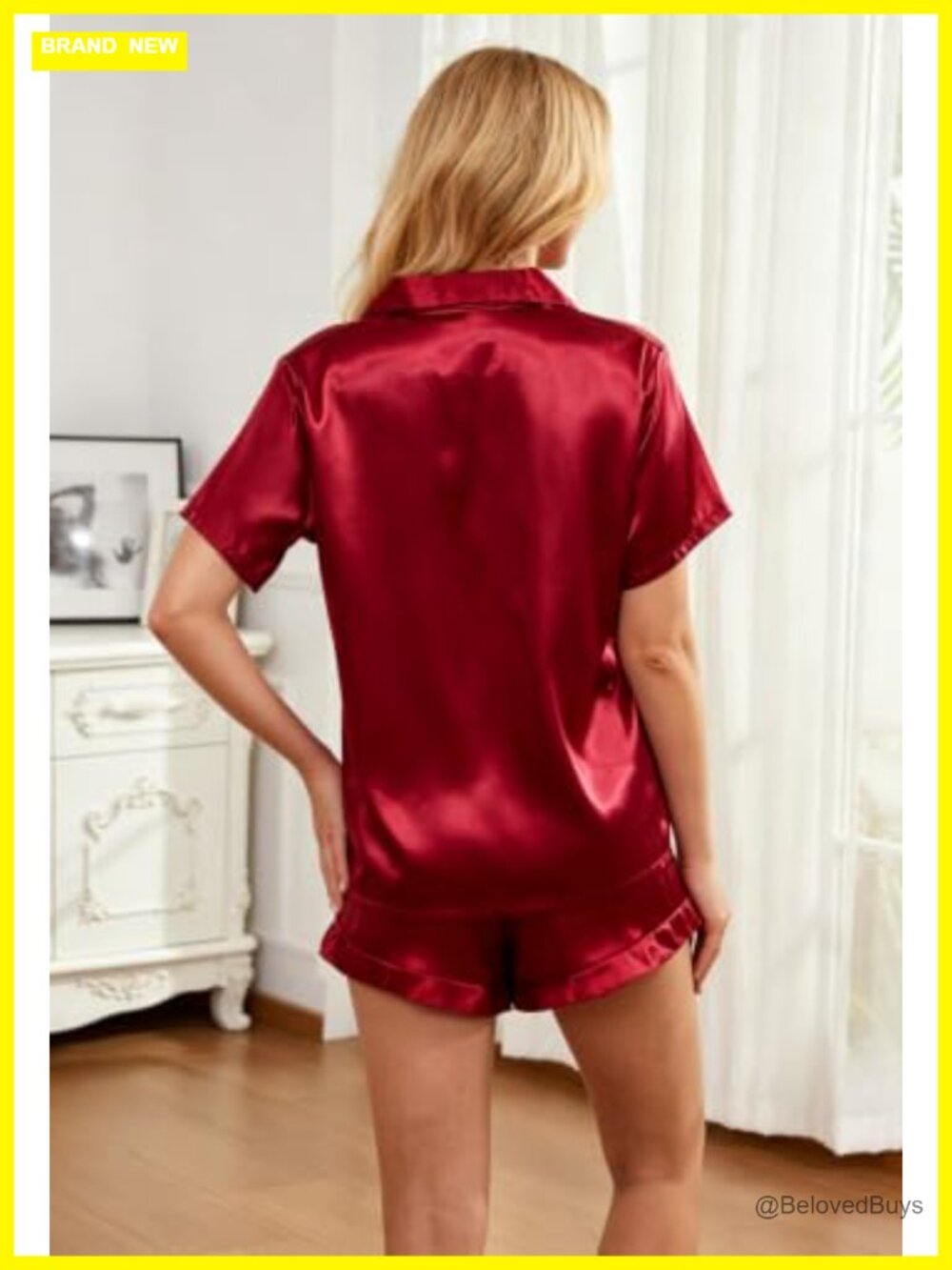 Satin Pajama Set Button-Up Ruffled Drawstring Shorts Sleepwear - Picture 3 of 6